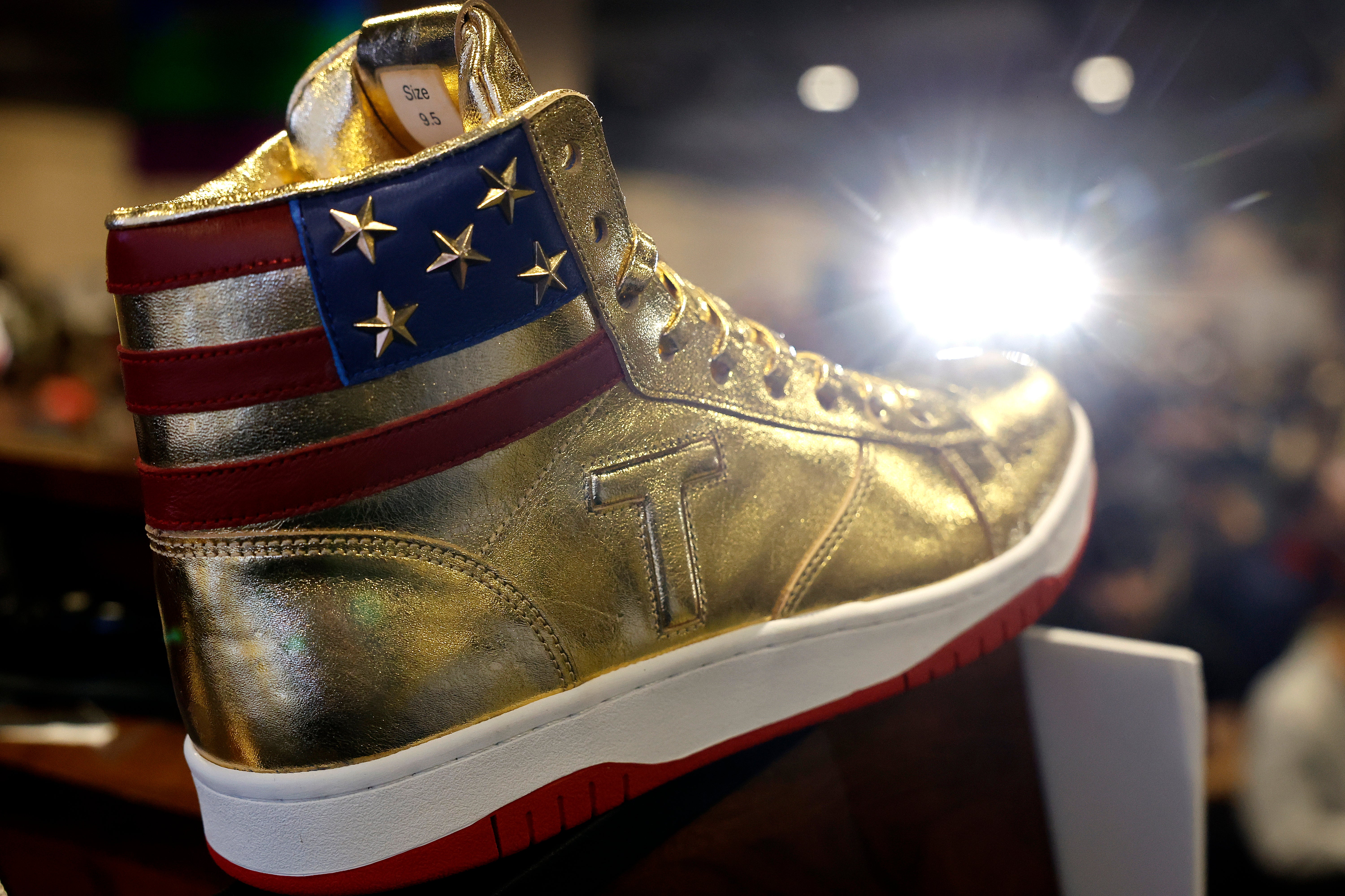 Donald Trump’s “Never Surrender” shoes on display at Sneaker Con at the Philadelphia Convention Center on February 17 2024