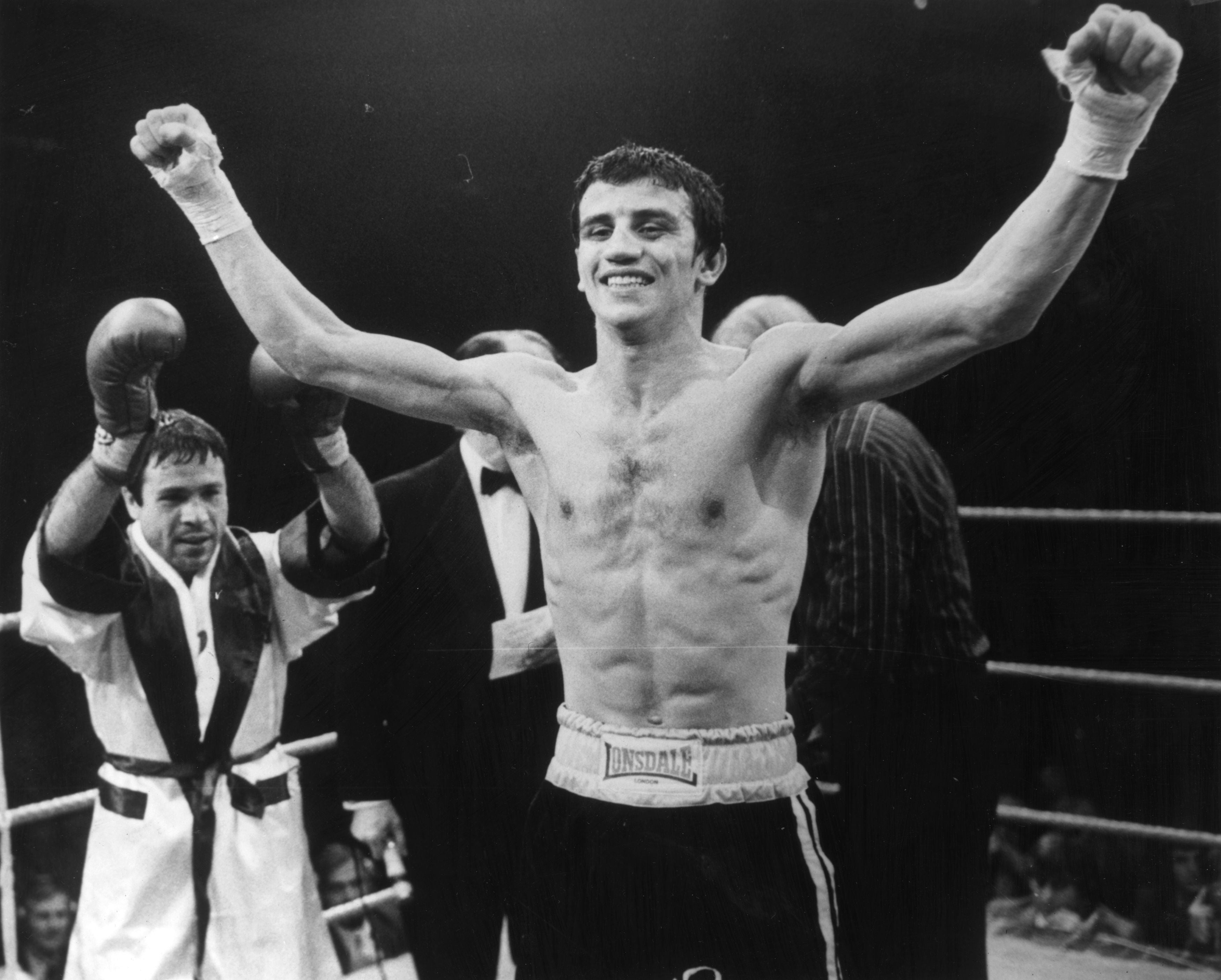 Charlie Magri celebrates his winning of the European flyweight title at Wembley Empire Pool in 1979