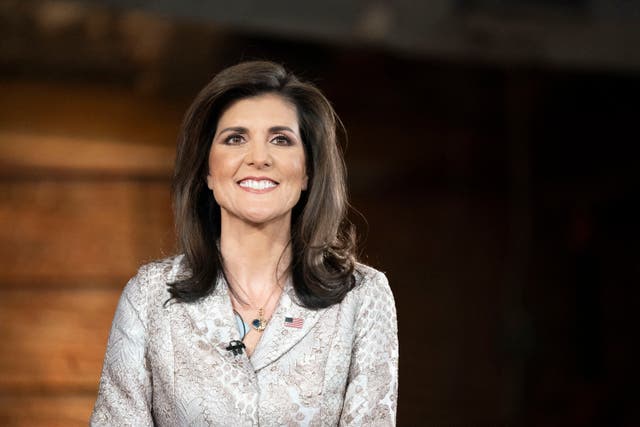 <p>US Republican presidential candidate and former UN Ambassador Nikki Haley takes the stage during a town hall meeting hosted by Fox News in Columbia, South Carolina, on 18 February 2024</p>