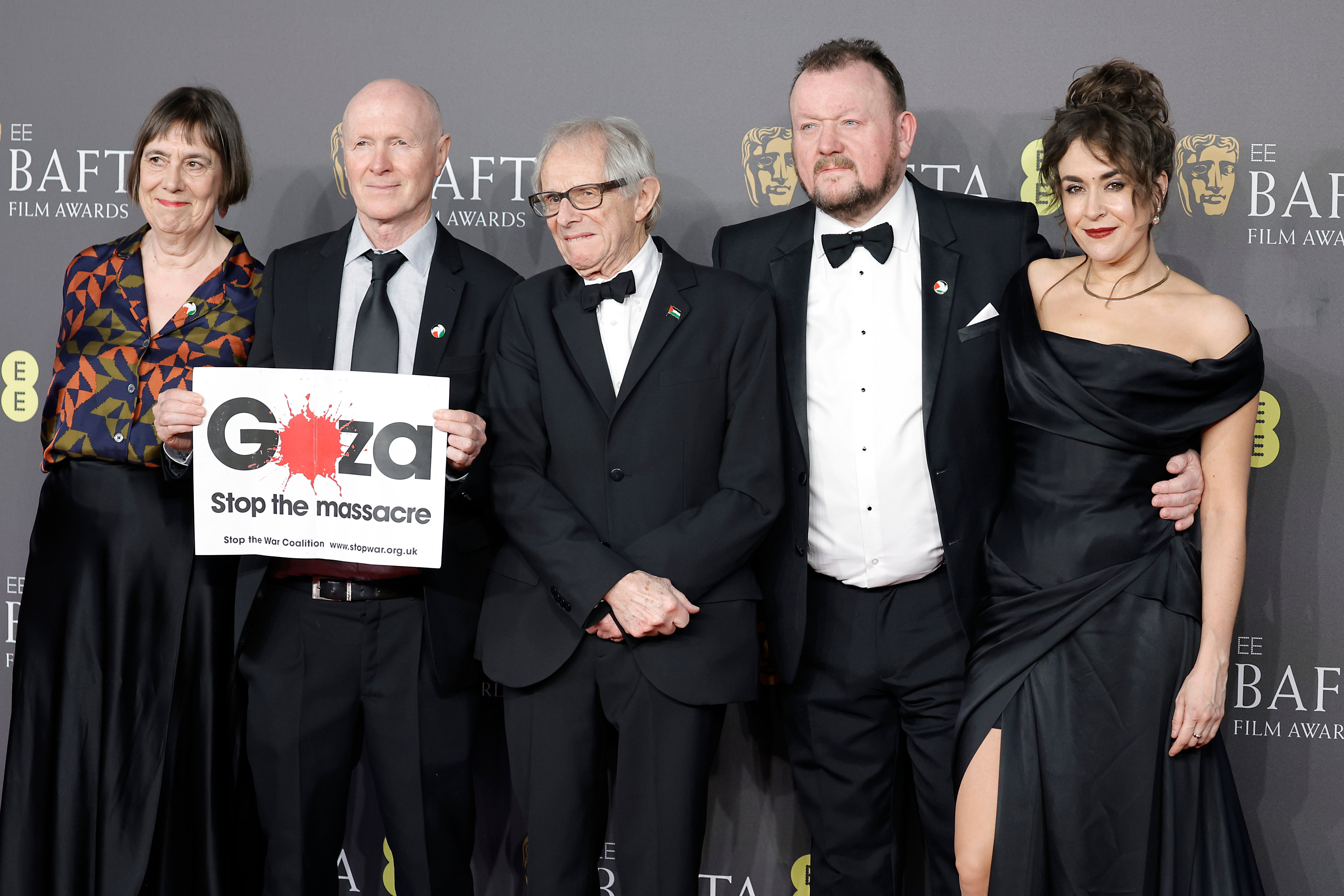 Rebecca O’Brien, Paul Laverty, Ken Loach and guests attend the 2024 BAFTAs