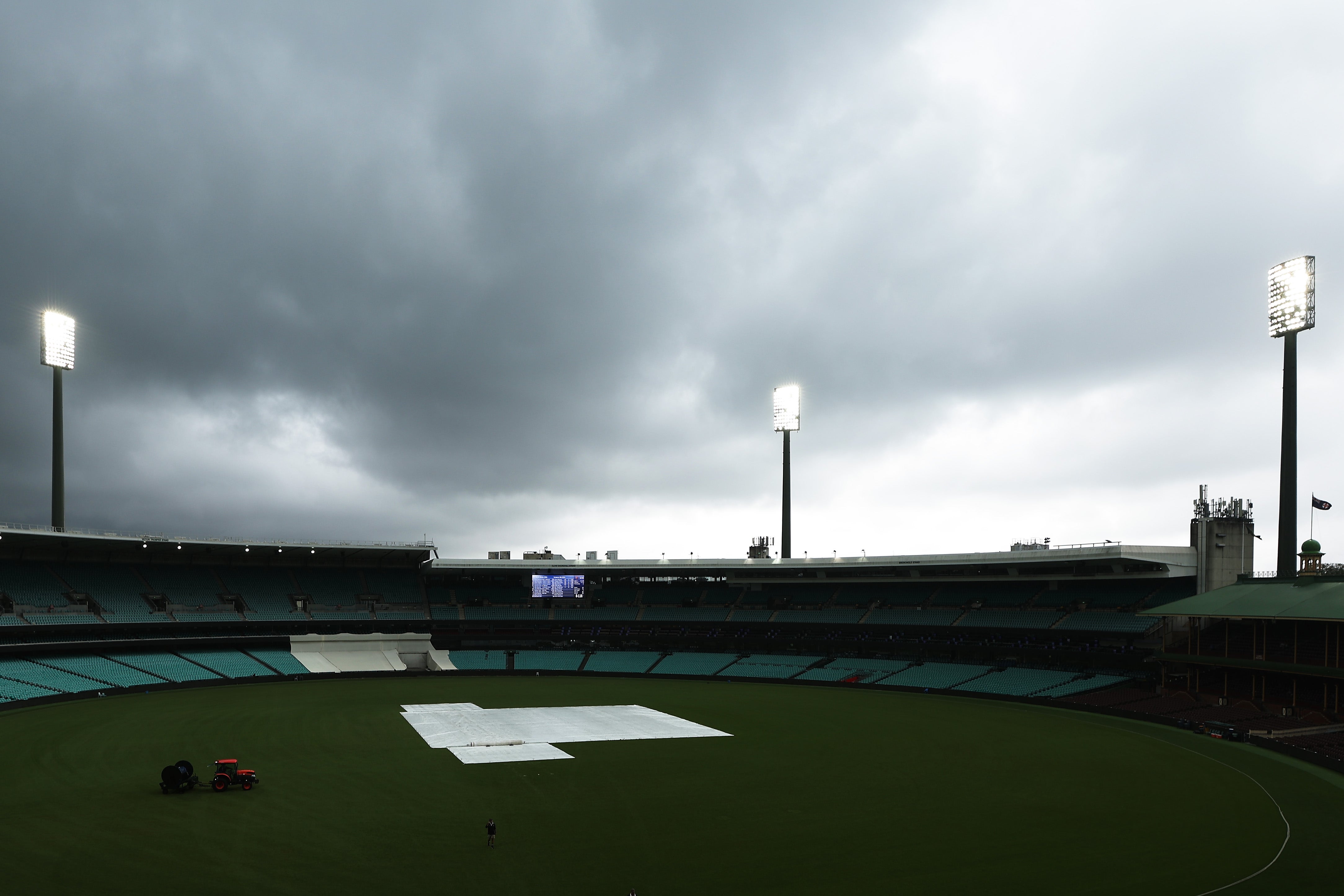 A general view as rain and bad light stop play during the Sheffield Shield match between New South Wales and Victoria at SCG, on 19 February 2024