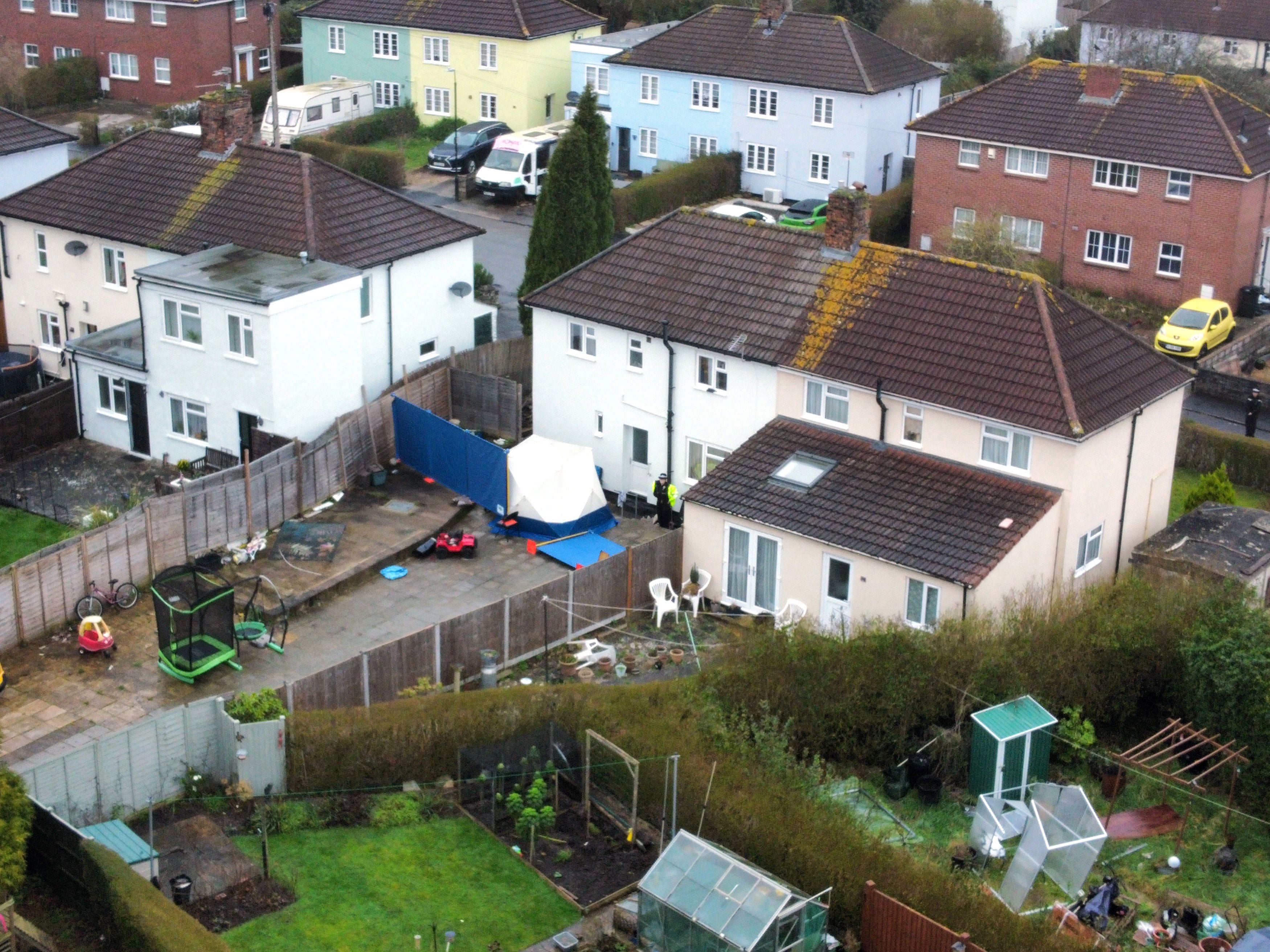 A forensic tent in the garden of one of the properties in Blaise Walk in Sea Mills