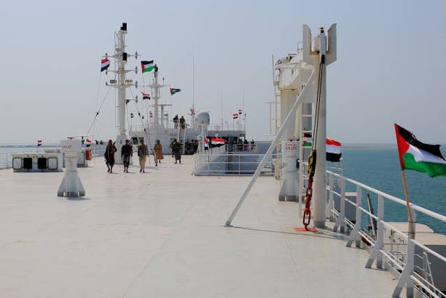 <p>File Galaxy Leader cargo ship, seized by Huthi fighters docked in a port on the Red Sea in the Yemeni province of Hodeida, with Palestinian and Yemeni flags installed on it</p>