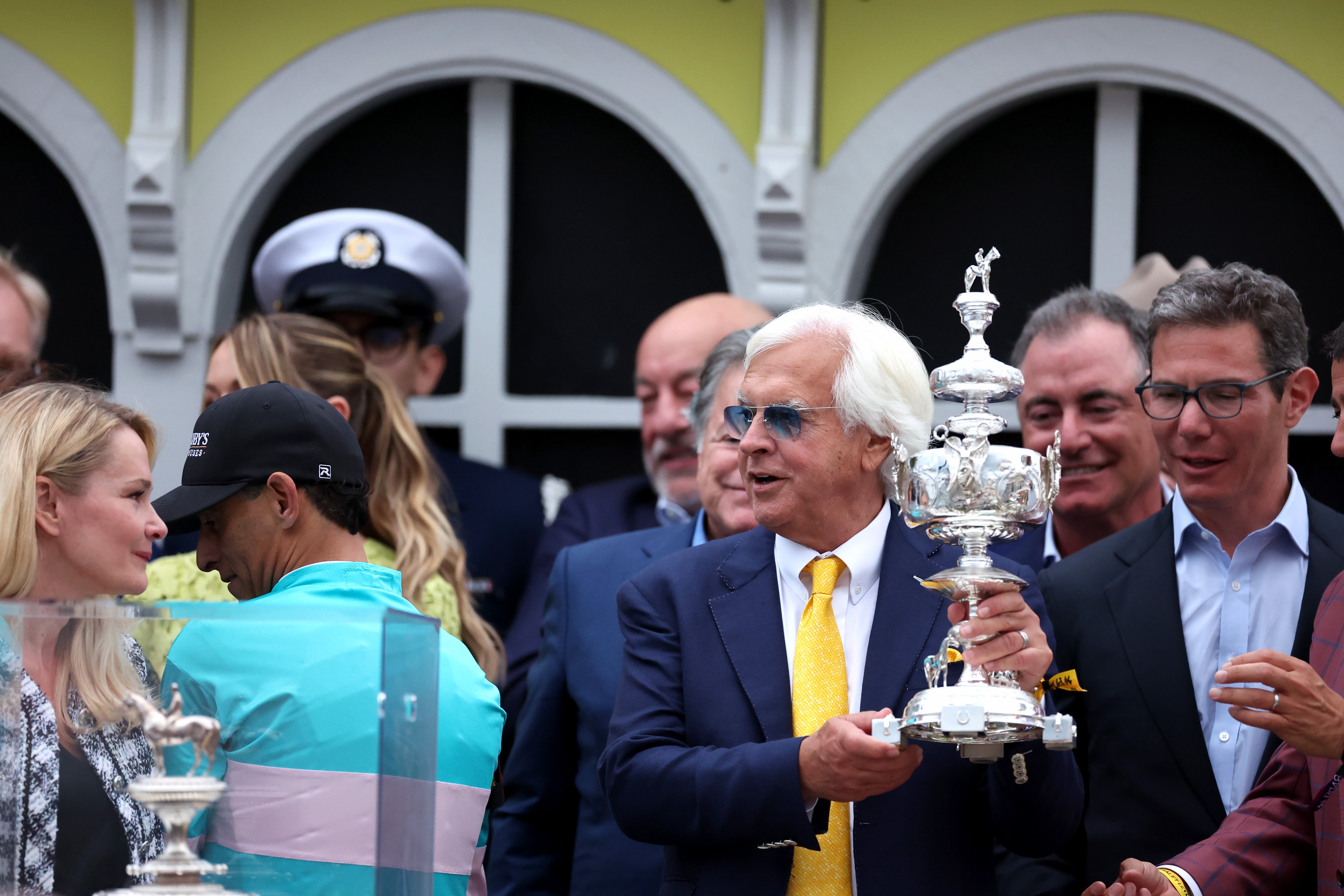 Bob Baffert celebrates after his horse National Treasure won the 148th running of the Preakness Stakes