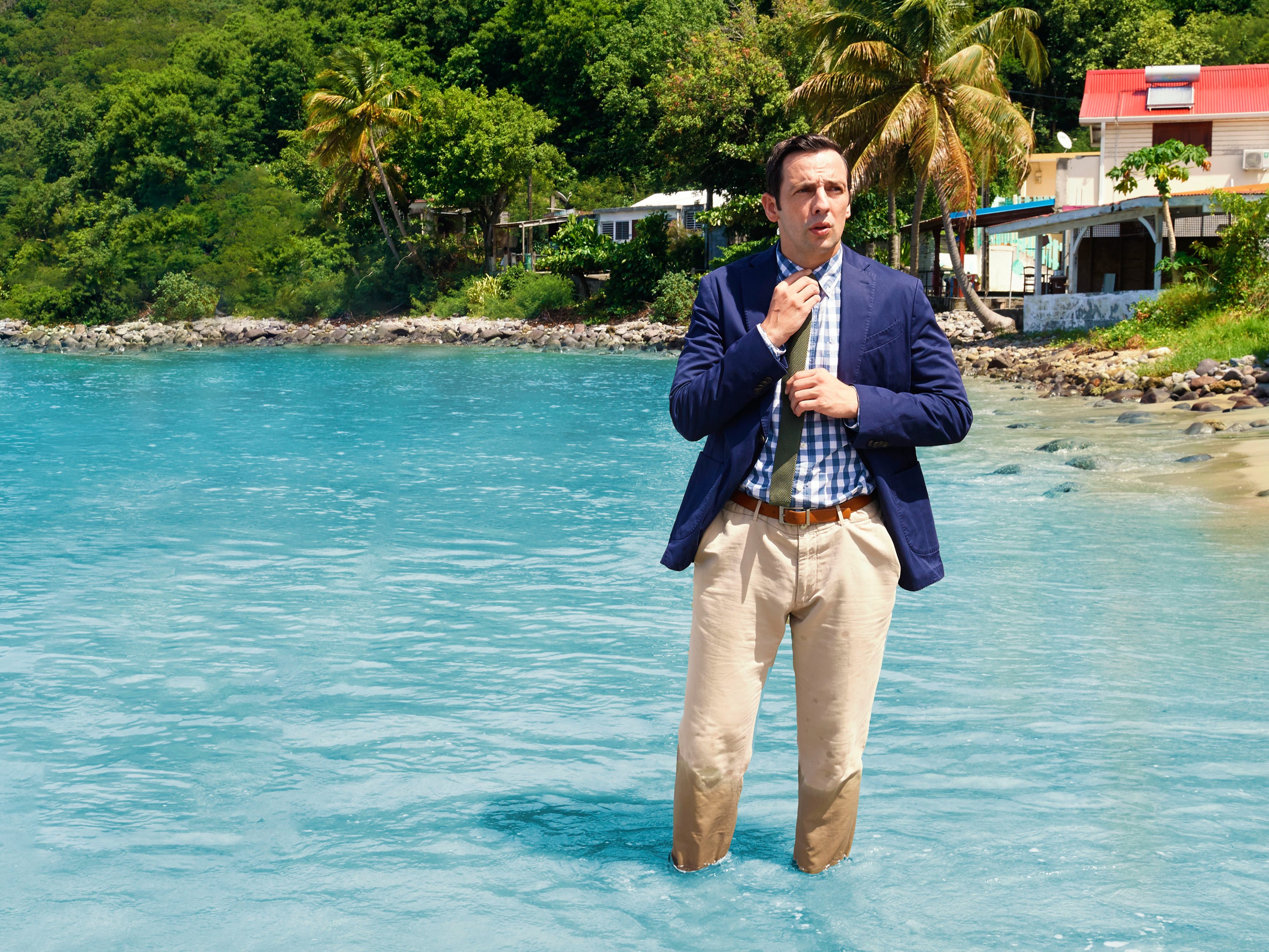 Soggy sleuth: Ralf Little, the latest lead detective in ‘Death in Paradise’