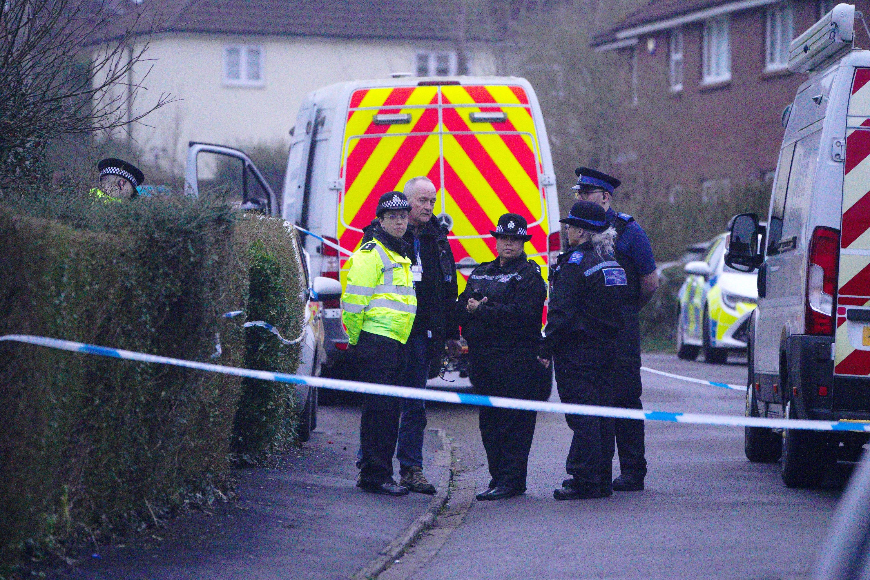 Police at the scene in Blaise Walk, in Sea Mills, Bristol, where a woman has been arrested on suspicion of murder after three children were found dead at a property. Picture date: Sunday February 18, 2024.