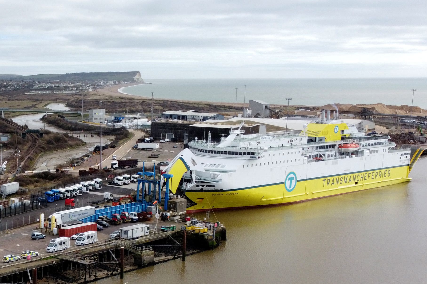 The ferry Seven Sisters at Newhaven ferry port after migrants have been found in the back of a lorry at port in East Sussex amid a large emergency services presence. Two men have been arrested and six people have been taken to hospital (PA)