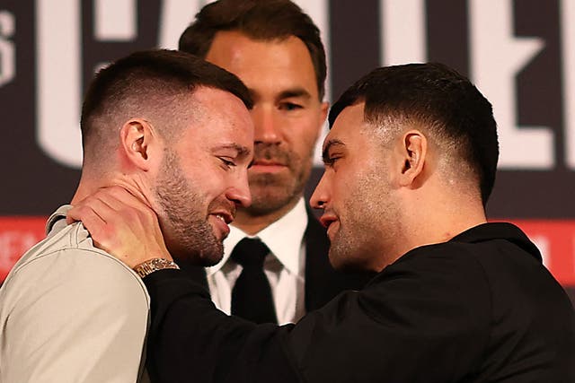 <p>Josh Taylor (left) and Jack Catterall got physical at a press conference for their rematch</p>