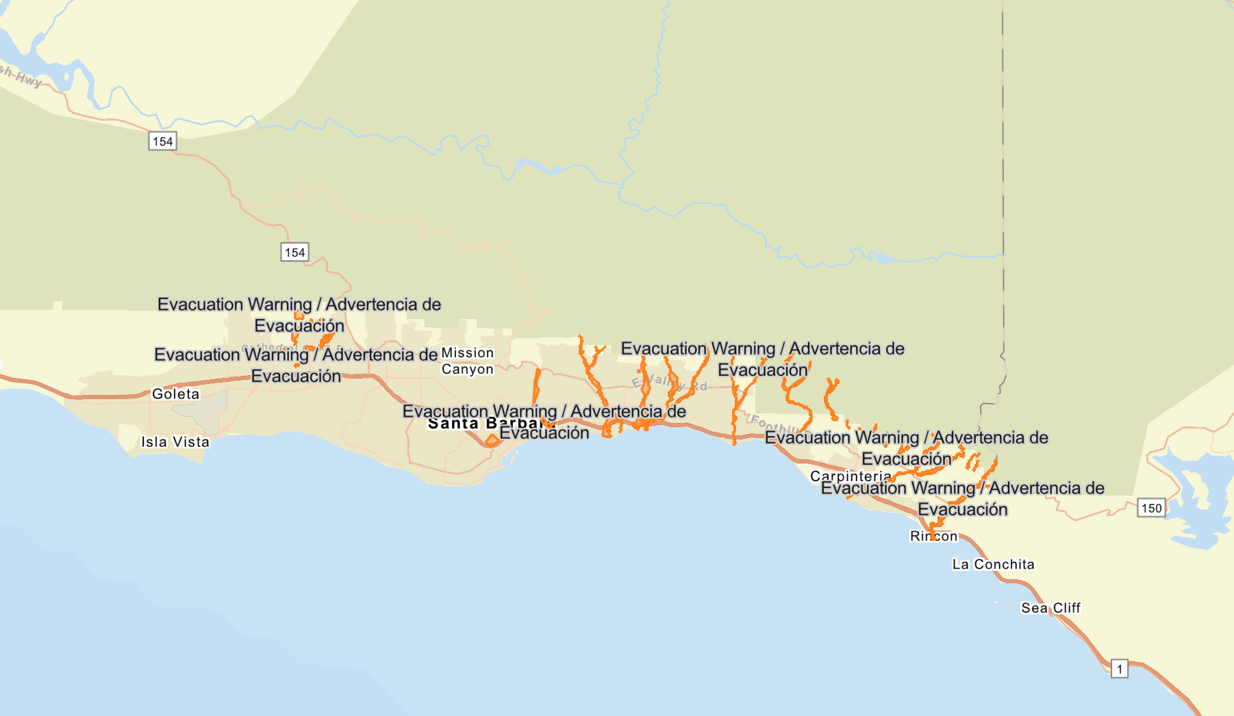 Santa Barbara County officials have issued evacuation warnings, indicated in orange, for several neighbourhoods