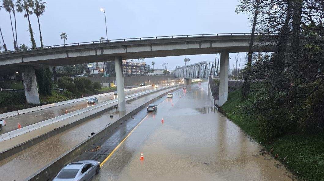 Heavy rain pours down on US-101 in Ventura, California on Monday morning