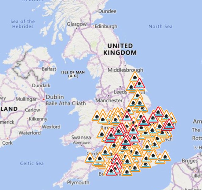 Map shows flood alerts in place in UK on Tuesday