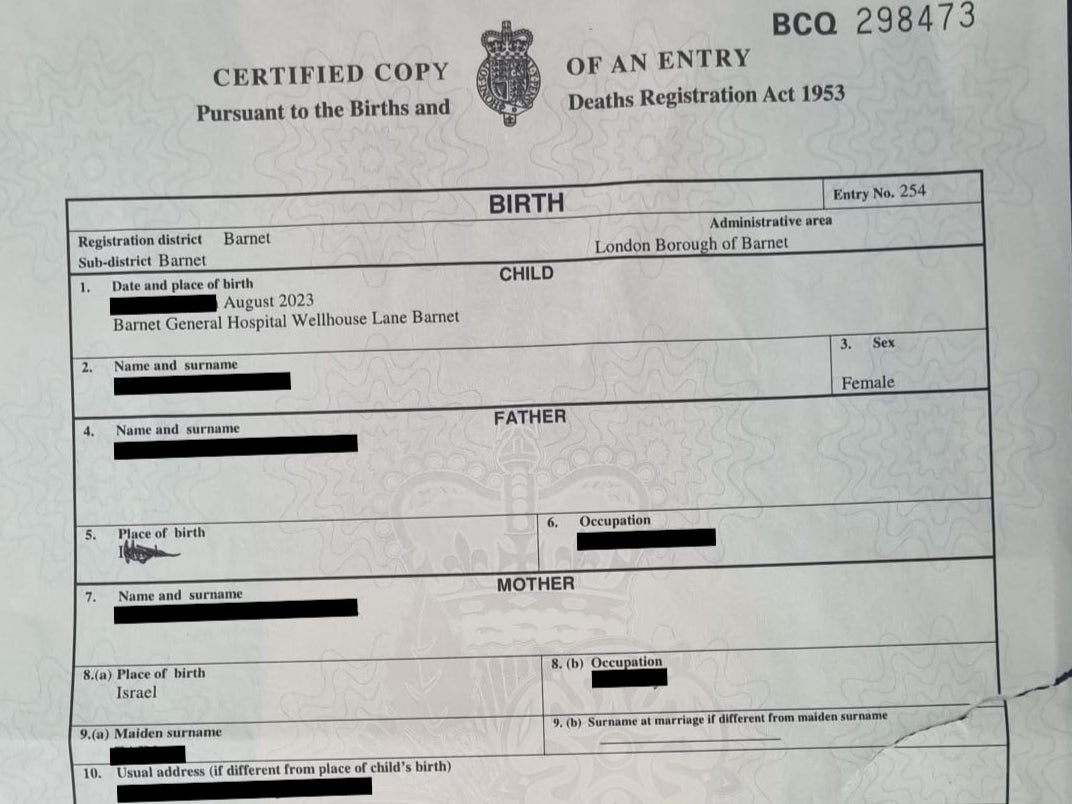 <p>The Home Office is to launch an investigation over a baby’s birth certificate being returned to her parents ‘with the word Israel scribbled out’ </p>