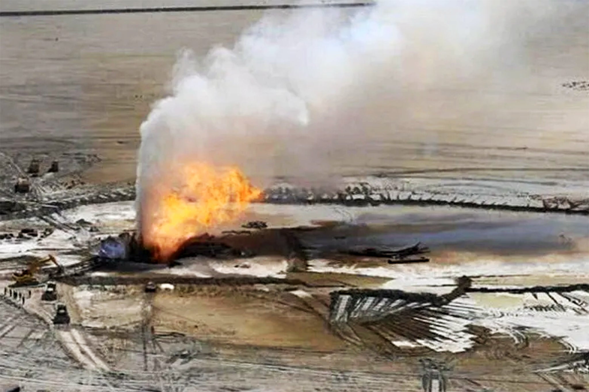 A burning well on the Buzachi Neft-operated Karaturun East field in the Mangistau region of Kazakhstan in 2023