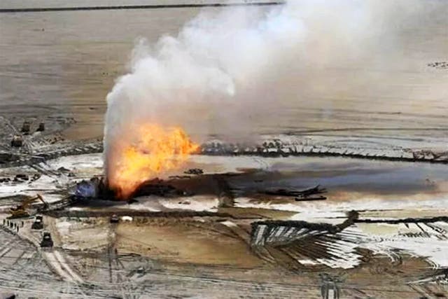 <p>A burning well on the Buzachi Neft-operated Karaturun East field in the Mangistau region of Kazakhstan in 2023 </p>