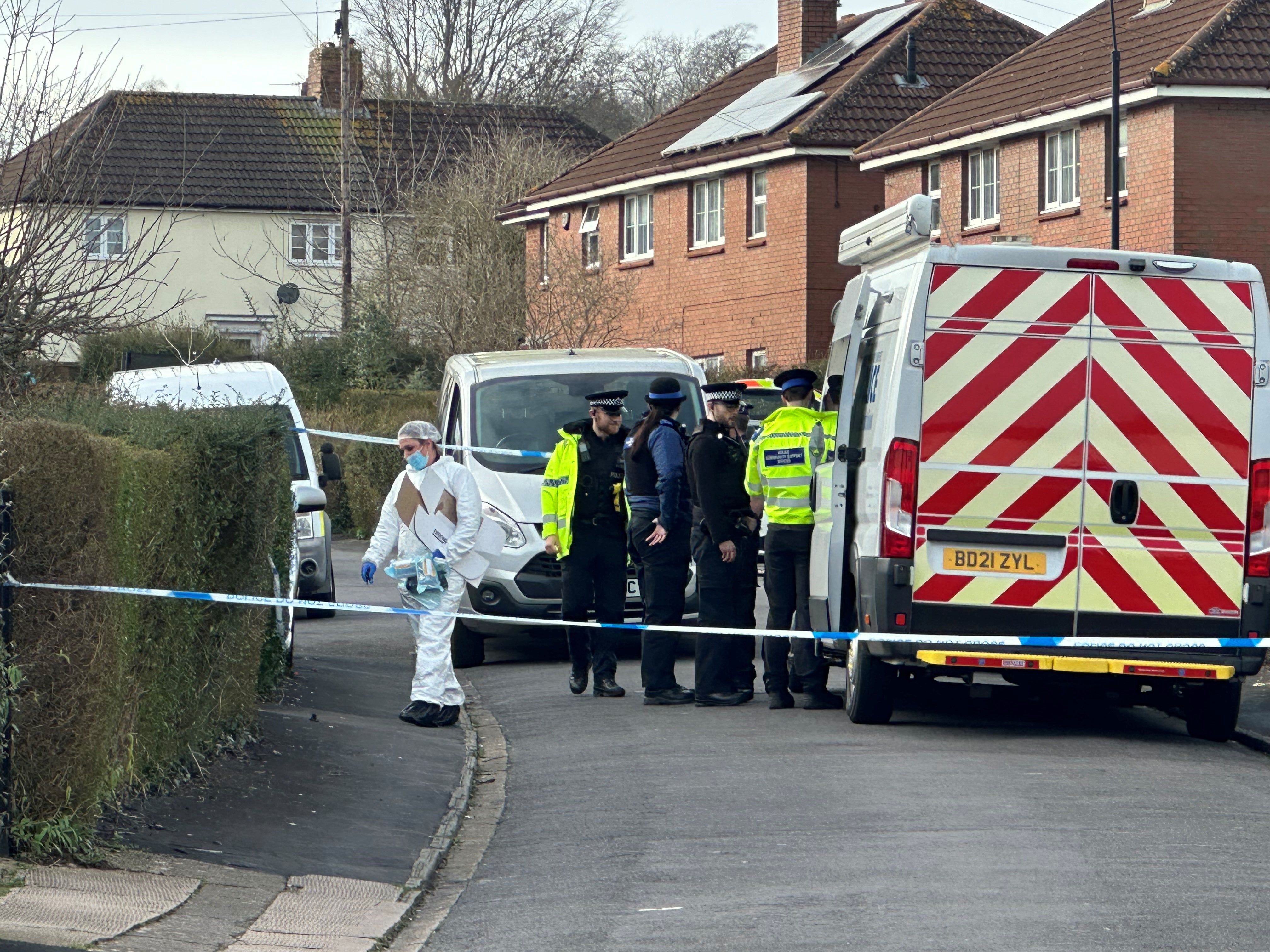 Forensics officers at the scene in Blaise Walk in Sea Mills, Bristol, on Monday afternoon