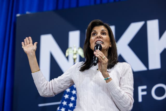 <p>US Republican presidential candidate Nikki Haley addresses the crowd during a campaign stop at the Cannon Centre in Greer, South Carolina, USA, 19 February 2024</p>