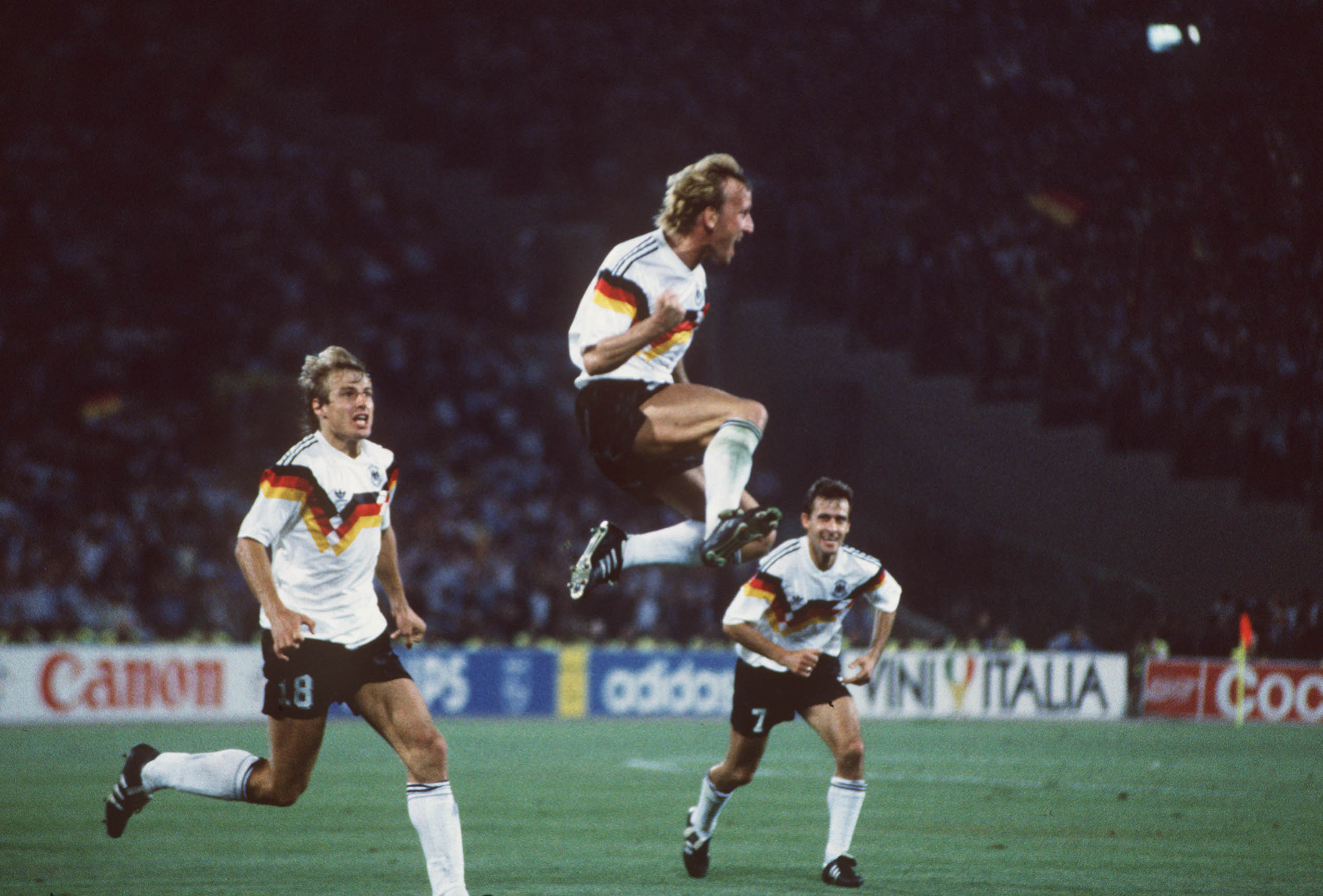 Andreas Brehme celebrates scoring the winning goal in the 1990 World Cup