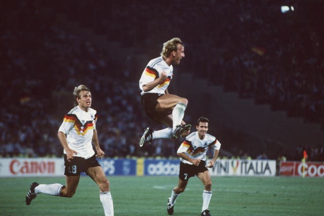 <p>Andreas Brehme celebrates scoring the winning goal in the 1990 World Cup </p>