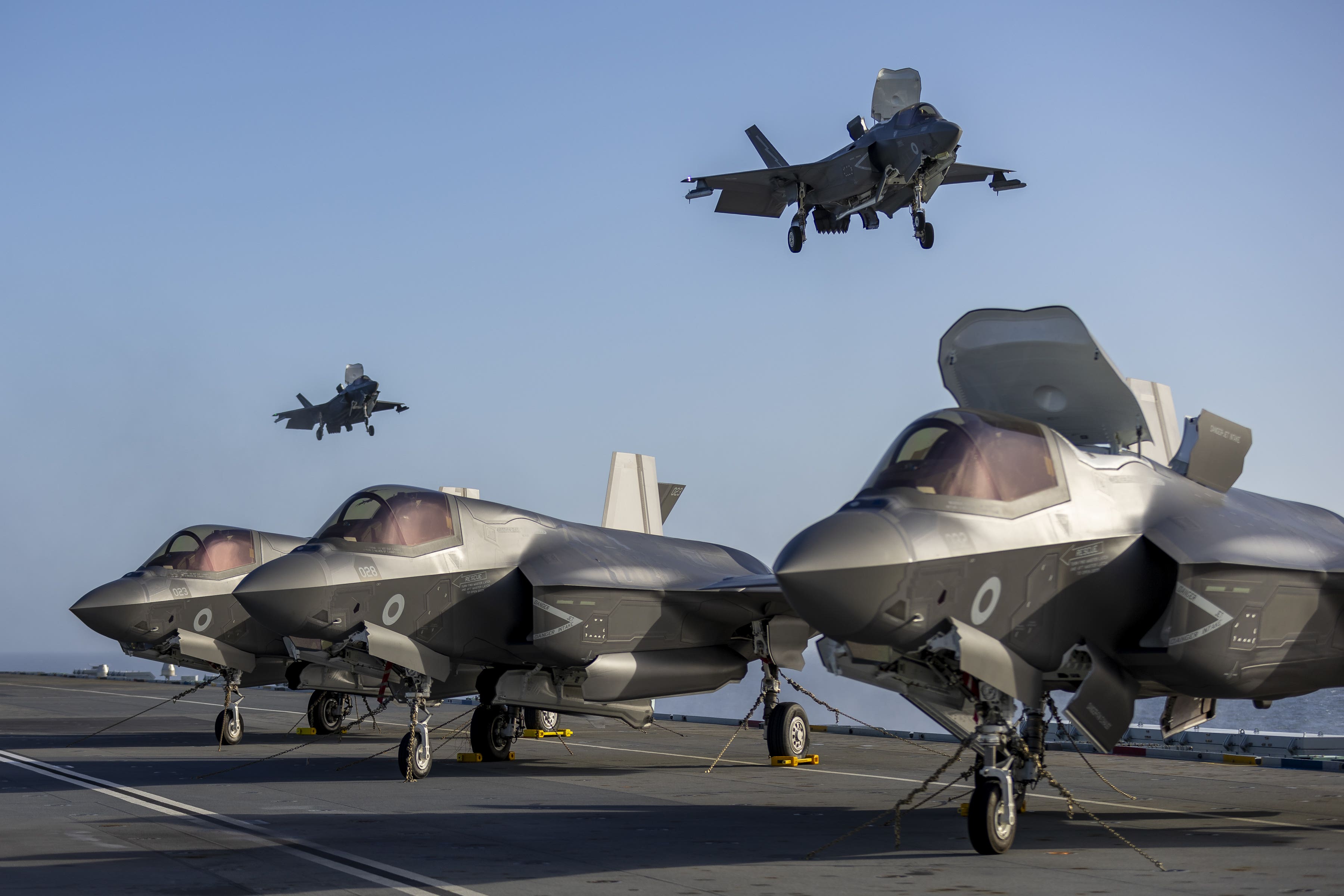 F-35B Lightning jets on the flight deck of the Royal Navy aircraft carrier HMS Prince of Wales (AS1 Amber Mayall RAF/PA)