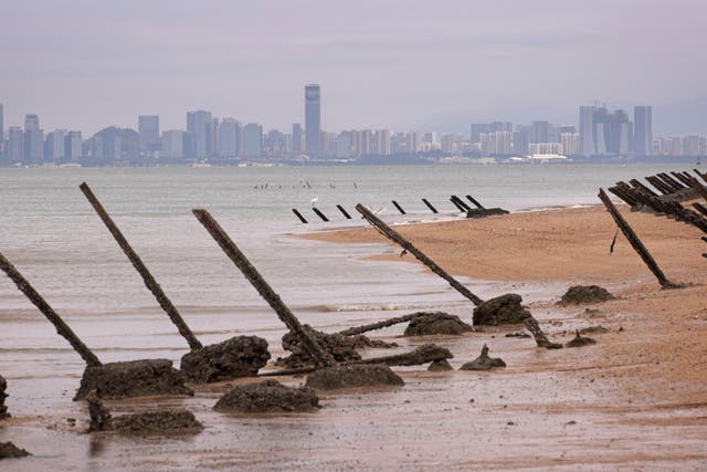 <p>As the city of Xiamen, China, is seen in the background, wartime anti-tank obstacles sit on a beach on October 7, 2023 in Kinmen, Taiwan</p>