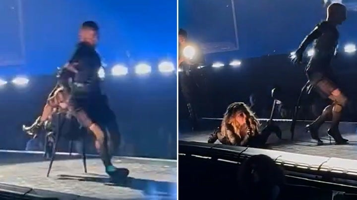 <p>Madonna falls backwards off chair mid-song during Seattle concert.</p>