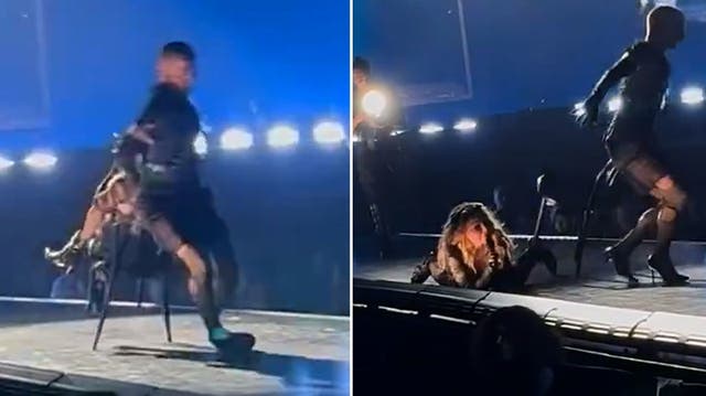 <p>Madonna falls backwards off chair mid-song during Seattle concert.</p>