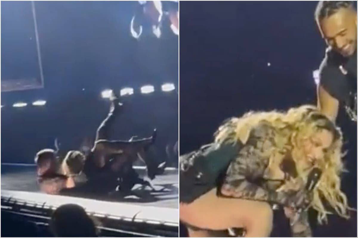 Madonna tumbles off chair mid-song during Celebration tour