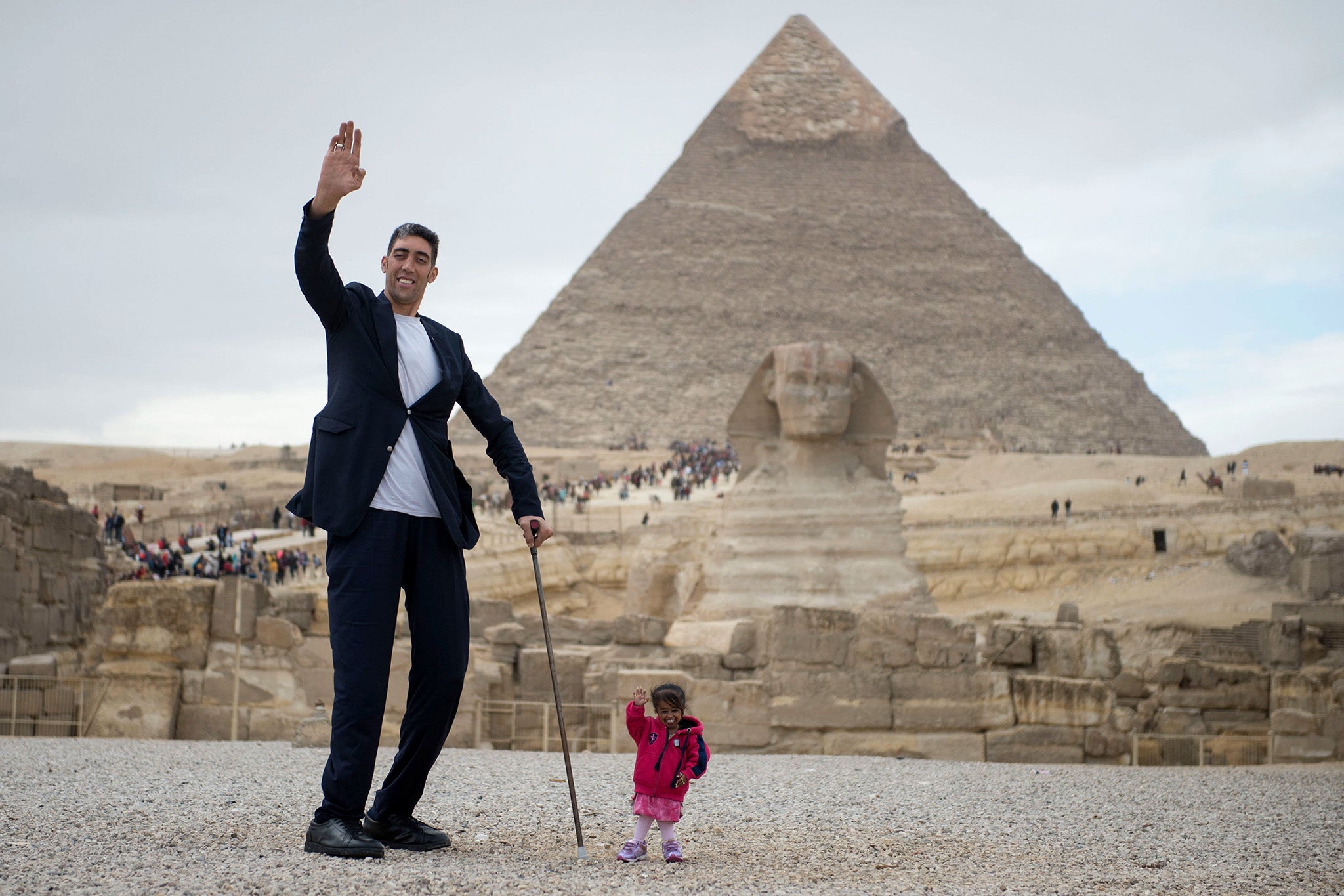 Jyoti Amge is pictured here with the world’s tallest man Sultan Kosen in 2018, when they posed next to the Great Sphinx of Giza