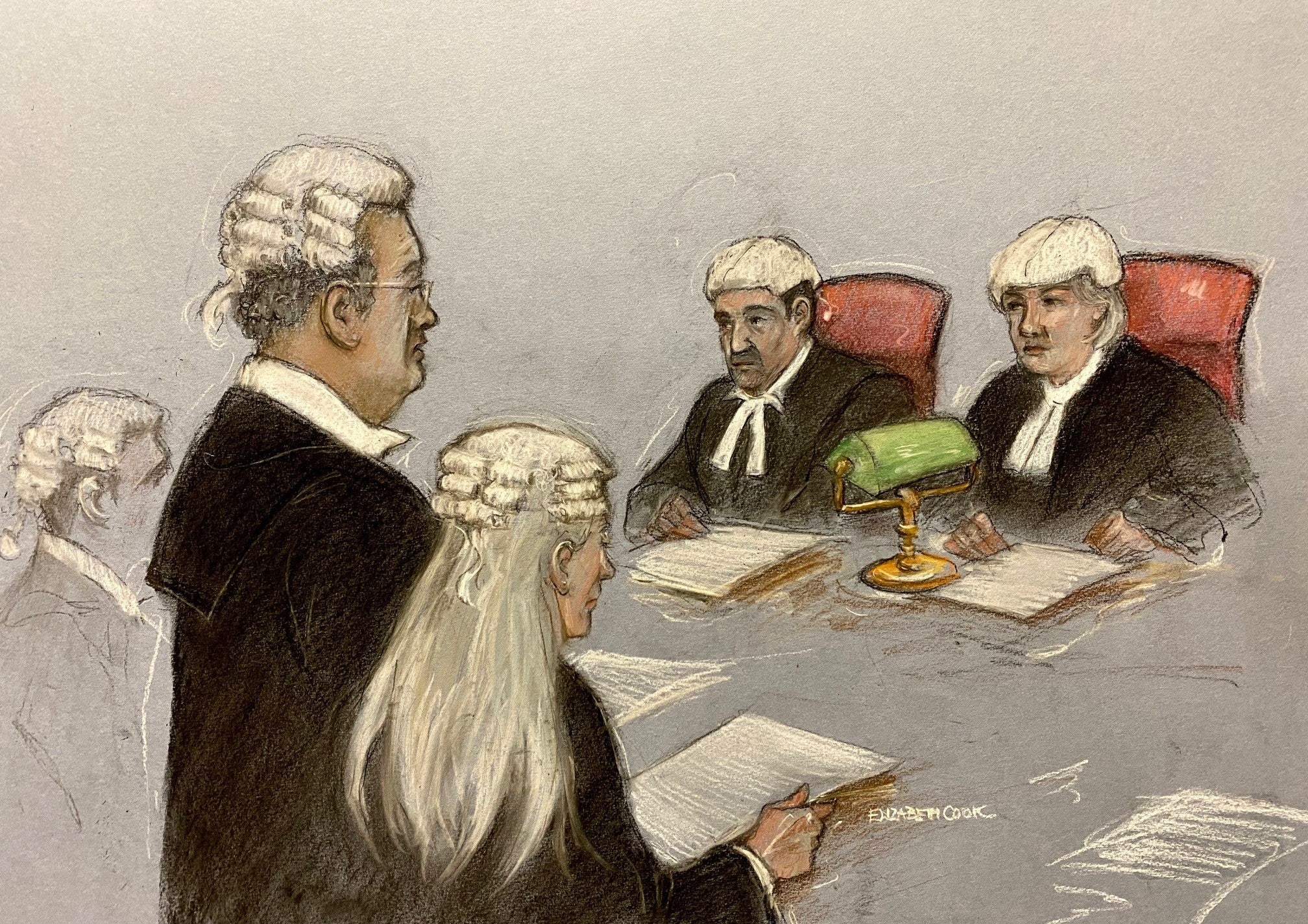 Court artist sketch of Julian Assange's barrister Edward Fitzgerald KC, on his feet in front of judges, Mr Justice Johnson and Dame Victoria Sharp