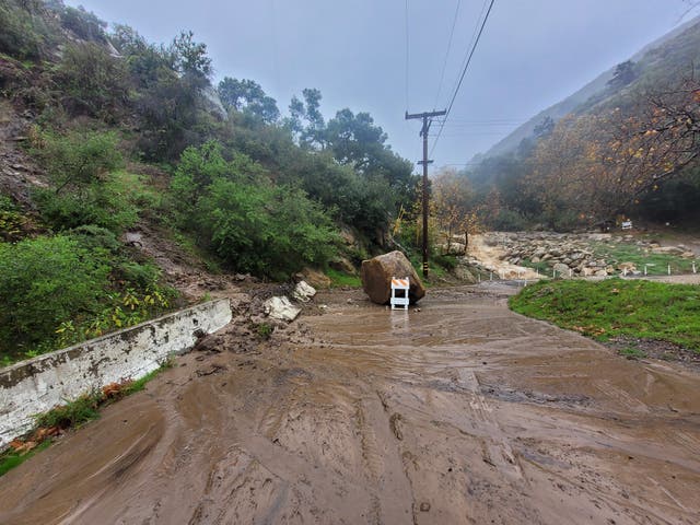 <p>A blocked roadway in Santa Barbara County, California on 19 February 2024</p>