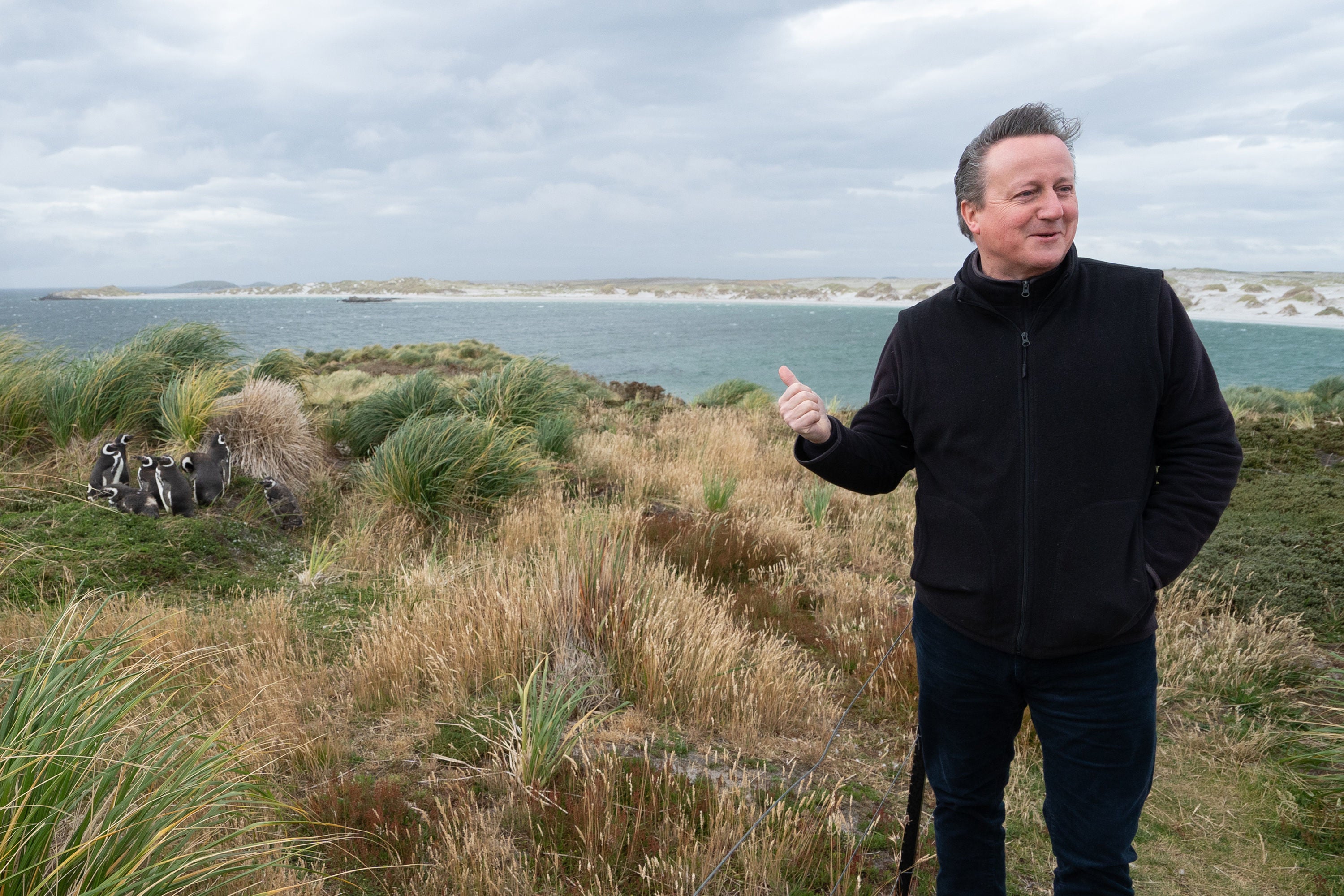 Foreign Secretary Lord David Cameron visits Gypsy Cove on the Falkland Island