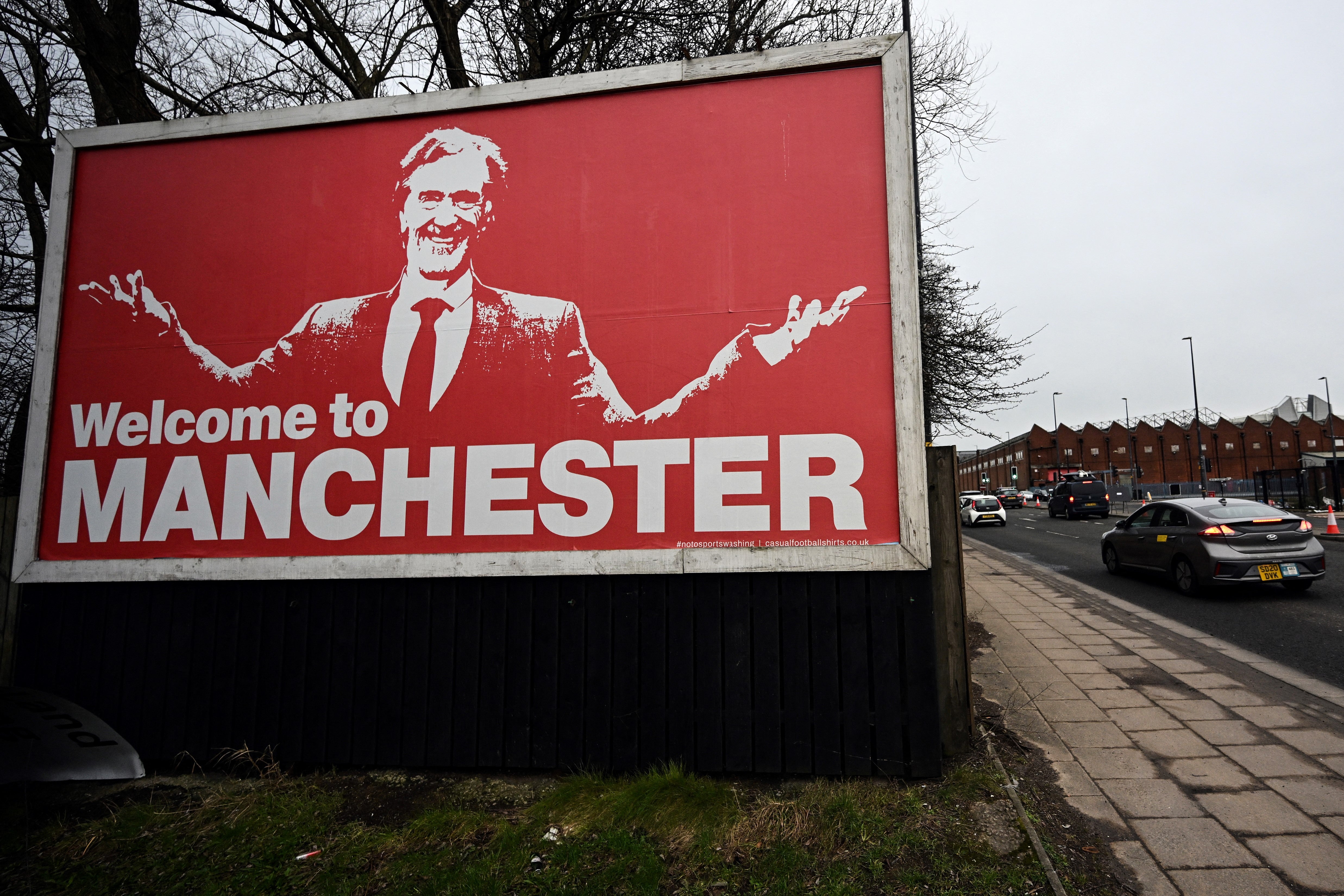 A billboard hails the arrival of Sir Jim Ratcliffe at Old Trafford