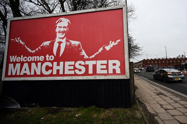 <p>A billboard hails the arrival of Sir Jim Ratcliffe at Old Trafford</p>