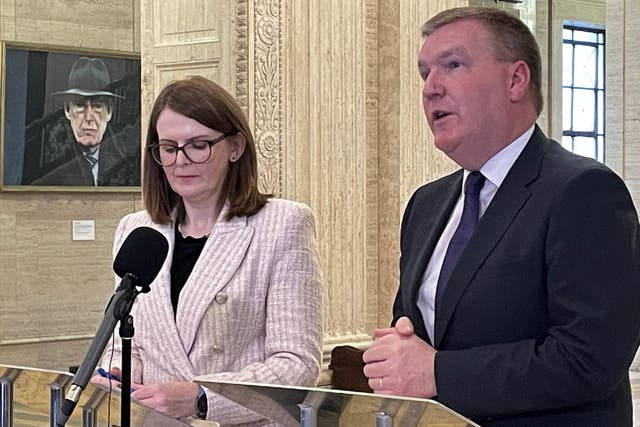 Stormont Finance Minister Caoimhe Archibald (left) with Irish Minister of Finance Michael McGrath speaking to media in the Great Hall at Parliament Buildings, Stormont in Belfast, Northern Ireland following an Irish government funding announcement for a number of projects, including the proposed upgrade of the A5 and rebuilding of Casement Park. Picture date: Tuesday February 20, 2024.