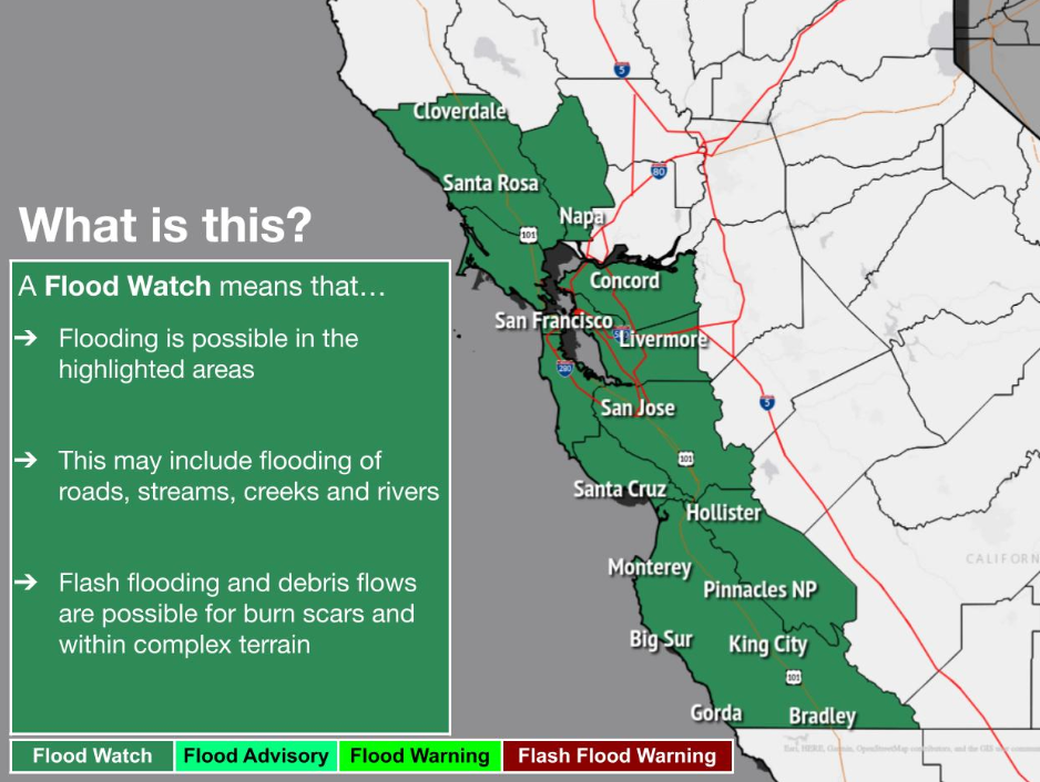 The entire Bay Area is under a flood watch until Wednesday morning