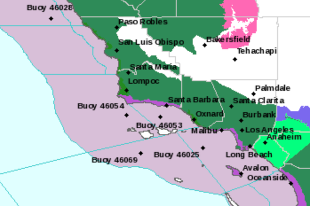 <p>Southern California is under flood and high surf warnings, both indicated by dark green on the map</p>