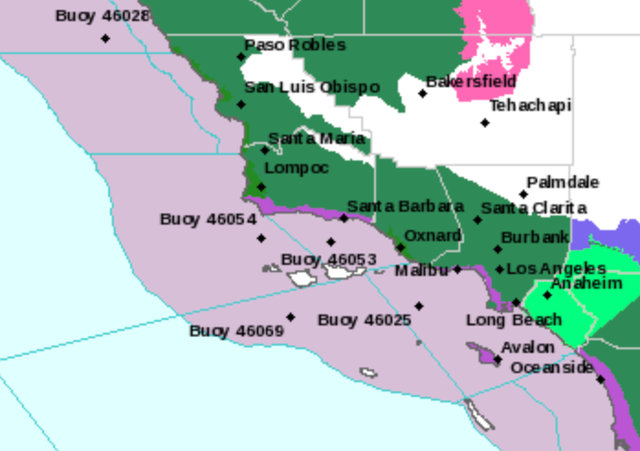 <p>Southern California is under flood and high surf warnings, both indicated by dark green on the map</p>
