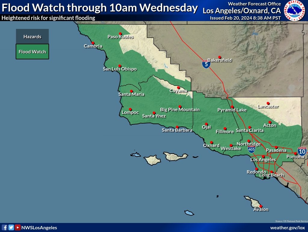Southern California is under a flood watch until Wednesday morning