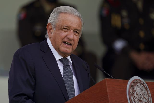 <p>Mexican president Andres Manuel Lopez Obrador speaks during a military parade in Mexico city </p>