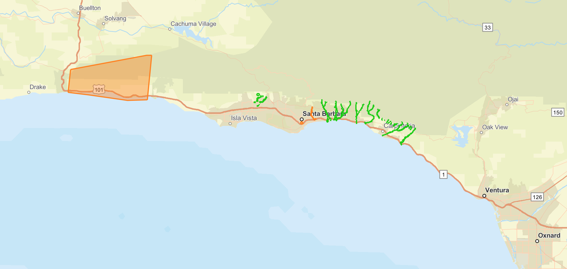 A map of evacuation orders in Santa Barbara County as of Tuesday morning. Active evacuation orders are in orange, while cancelled evacuation orders are in green.