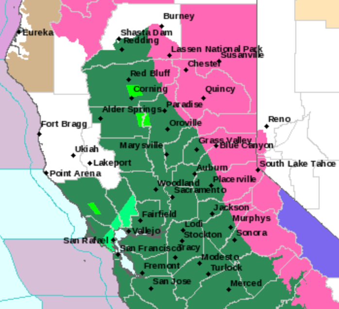 A map of Central California. Flood watches are indicated by dark green, flood advisories are indicated by light green and winter storm warnings are indicated by pink