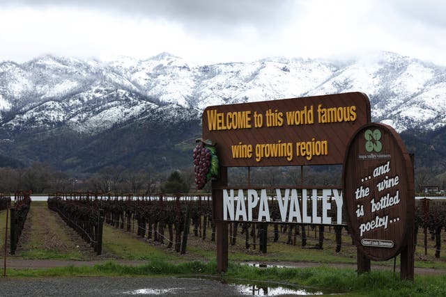 <p>Snow covers the hills behind a vineyard on February 24, 2023 in Calistoga, California. </p>