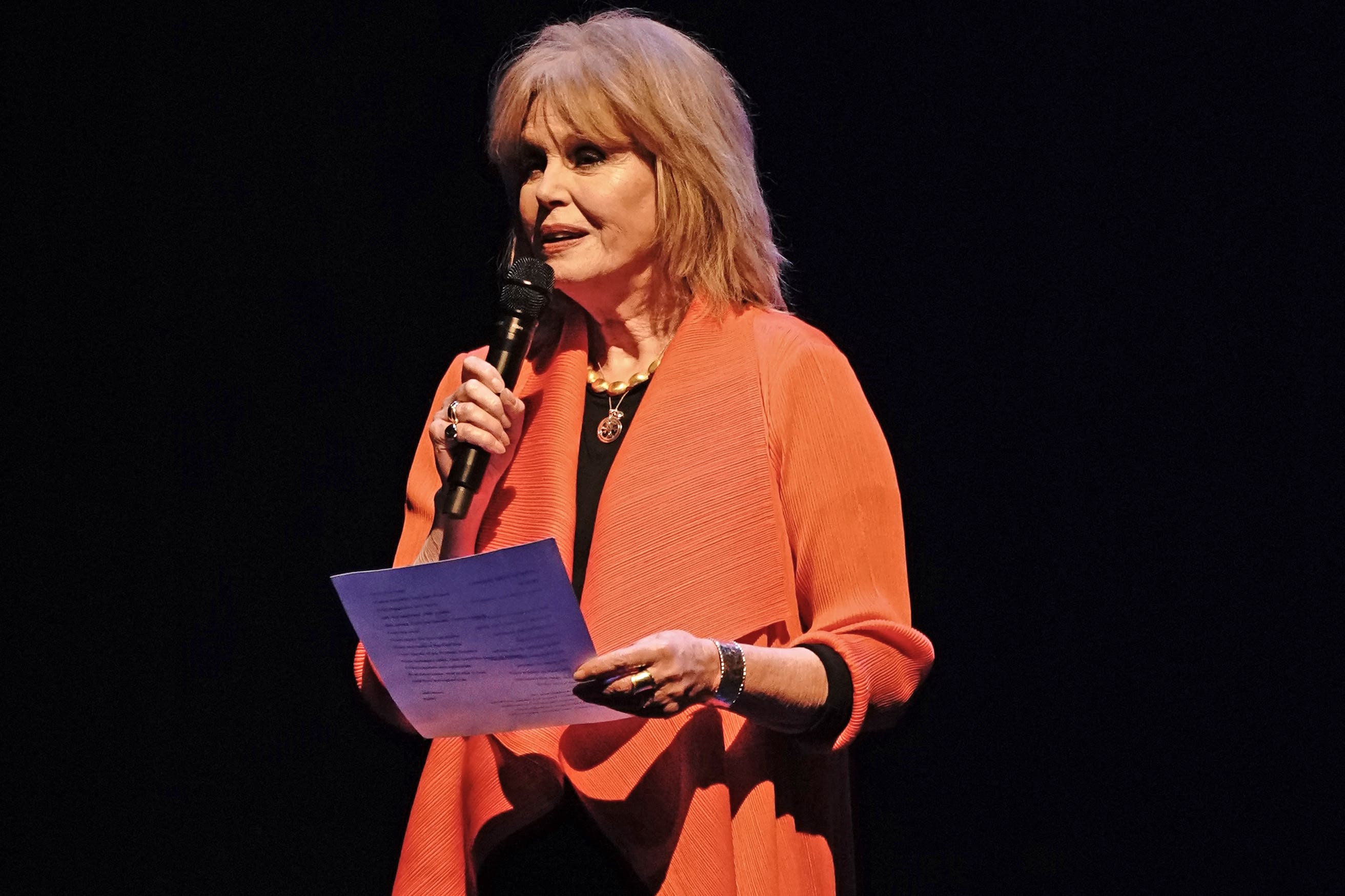 Joanna Lumley reads a poem during the United With Ukraine show, an event for the Ukrainian refugee community in London, to mark two years since the Russian invasion, at the Palace Theatre in London (Aaron Chown/PA)