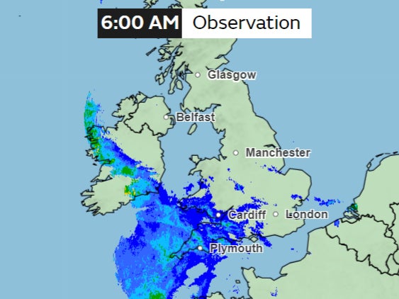 By 6am, rain will cover more regions of England and Wales. Areas in green can see up to 2-4mm per hour of rain, considered heavy, according to Met Office