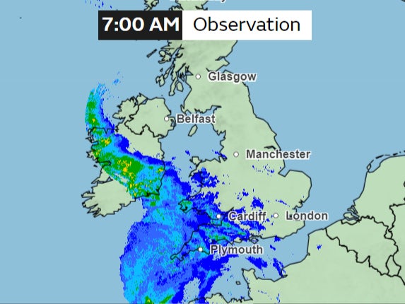 More regions in England and Wales can experience heavier rainfall by 7am as the band of rain expands