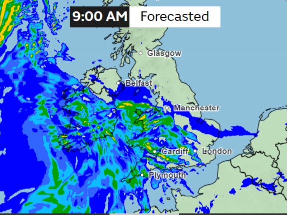 By 9am, parts of England and Wales in yellow can see up to 4-8mm per hour of rainfall
