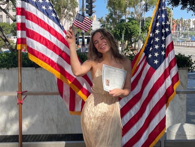 <p>Karalina celebrates her US citizenship in 2021</p>