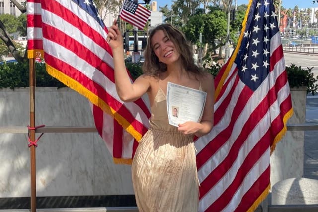 <p>Karalina celebrates her US citizenship in 2021</p>