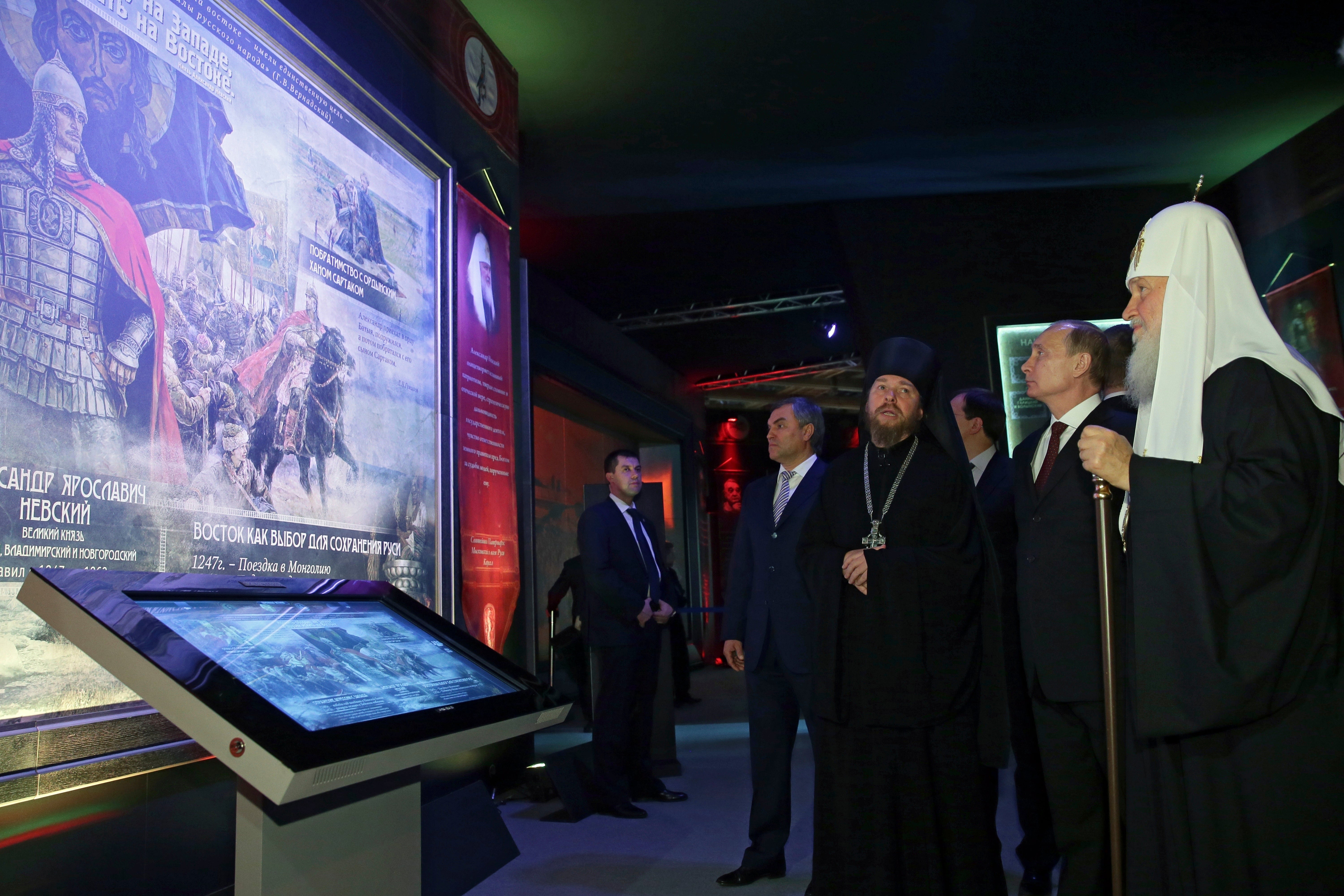 FILERussian President Vladimir Putin, second right, Russian Orthodox Patriarch Kirill, right, First Deputy Chief of Staff of the Presidential Administration Vyacheslav Volodin, fourth right, and Archimandrite Tikhon Shevkunov, third right, visit the exhibition "Orthodox Russia, My History, The Rurik Dynasty" at Manezh Exhibition Hall during celebration of the National Unity Day in Moscow, Russia, Tuesday, Nov. 4, 2014