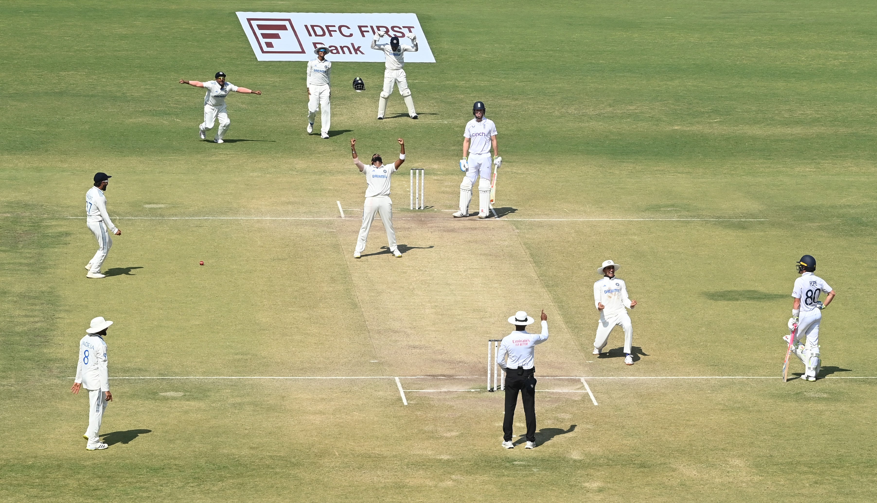 Jasprit Bumrah of India successfully appeals for the wicket of Zak Crawley of England